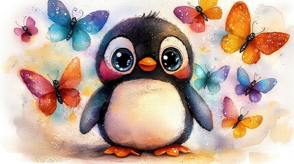 Wall Mural -   A painting of a penguin surrounded by butterflies, depicted in watercolor