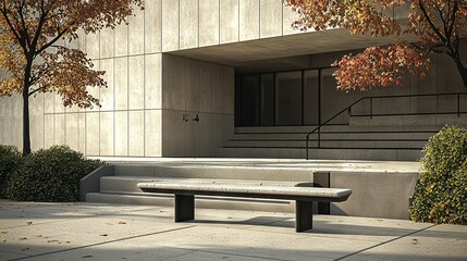 Sticker -   A bench with steps leads to a building, surrounded by trees