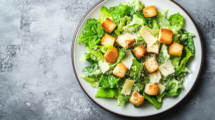 Wall Mural - Caesar salad on a white plate with lettuce, croutons, parmesan, and Caesar dressing