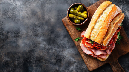 Classic deli sandwich on a wooden cutting board beside a small bowl of pickles