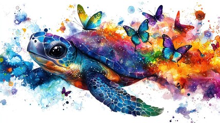 Wall Mural -   Watercolor turtle with butterflies