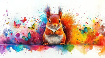 Wall Mural -   Squirrel painting with vibrant splashes and butterfly in the backdrop