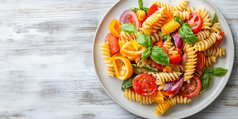 Wall Mural - Pasta salad with vegetables dressed on a white plate