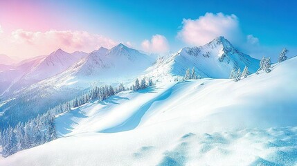 Sticker -   A panoramic of snowy peaks with surrounding forestry and a pastel sky backdrop