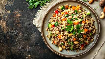 Wall Mural - Quinoa salad on a serving plate featuring quinoa, vegetables, herbs, and nuts