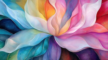 Wall Mural -   A vibrant painting of a colorful flower surrounded by white, pink, blue, green, yellow, purple petals