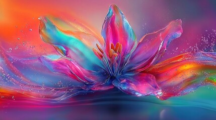 Wall Mural -   A vivid painting depicts a vibrant flower with droplets of water adorning its petals, and a splash of water adding to its beauty