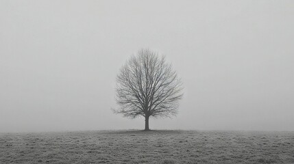 Canvas Print -   A solitary tree stands amidst fog on a field, with a bench in the foreground