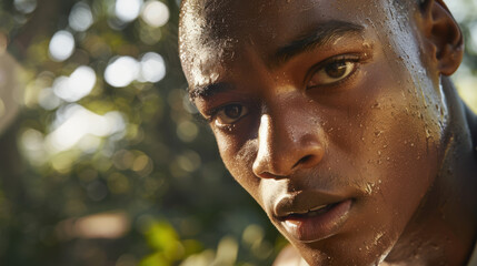 Wall Mural - A close-up portrait of a man jogging, capturing the intensity and focus, sweat visible on his brow,