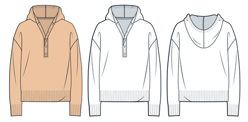 Sweater technical fashion illustration. Hooded Sweater fashion flat technical drawing template, half button, oversize, front and back view, white, peach color, women, men, unisex Top CAD mockup set.