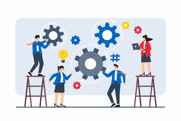 Flat illustration of employees piecing together complex business strategy with gear icons