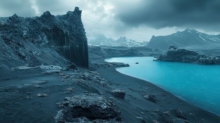 Wall Mural -   A vast expanse of water encircled by rugged rocks and distant mountains, with a smattering of clouds above