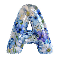 blue silver color metallic flower A alphabet balloon Realistic 3D on white background. Generative ai