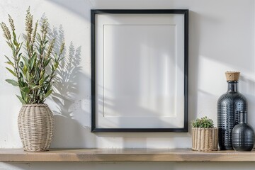 Modern interiors, living room, empty large painting with light wooden frame over the table