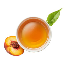 Wall Mural - A small white bowl filled with a light amber liquid, a half peach, and a green leaf on a white background.