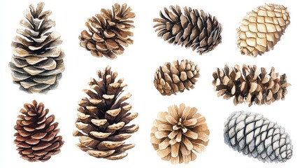 Pine cones set. White background. Watercolor illustrations