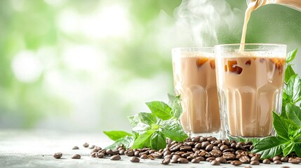   A cup of coffee poured into two glasses filled with coffee beans and green leaves on a white table with a green background