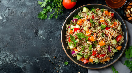 Wall Mural - Quinoa salad on a serving plate featuring quinoa, vegetables, herbs, and nuts