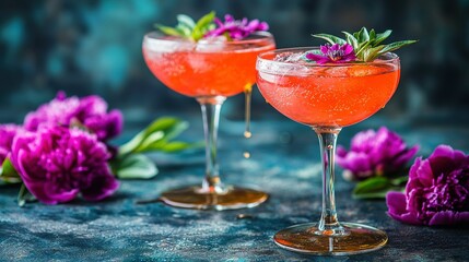 Sticker -   Close-up of two wine glasses holding liquid and adorned with a flower sprig