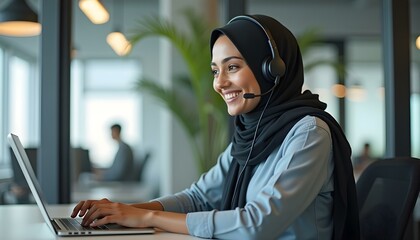 Wall Mural - Continuing education program. Smiling muslim female worker in headset watching webinar on laptop in modern office, Muslim woman wearing hijab, Muslim woman use laptop waring hijab 
