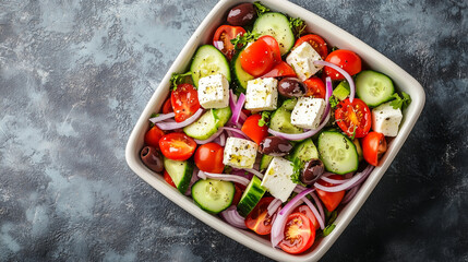 Wall Mural - Greek salad arranged in a square dish featuring cucumbers, tomatoes, red onions, olives, and feta cheese