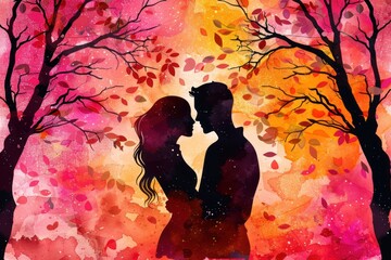 Romantic silhouette of a young couple kissing under the moon, against the backdrop of trees and nature.