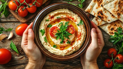 Poster -   Two hands with a bowl of hummus, tomatoes, and pita bread on a wooden table surrounded by vegetables