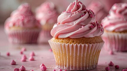 Canvas Print - Delicious cupcake with pink frosting and sprinkles on a soft pink background.