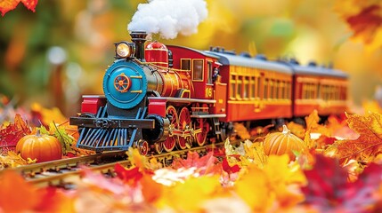   A red and blue train travels through an orange and yellow leaf-filled forest, with a white smoke stack poking from the top