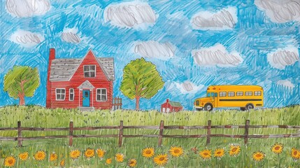 Sticker - Colorful image of a rural area with a house, a barn, a school bus and a tree with yellow flowers.