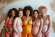 © staras - Group of happy pregnant multi ethnic plus size women, portrait of different national models, chubby face and fat body, pregnancy concept