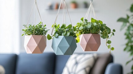 A trio of geometric hanger pots in pastel colors, with trailing plants, suspended in a Scandinavian living room