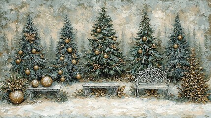 Poster -  A serene park bench sits in front of tall evergreens, each ball adorned with gleaming gold Snow blankets the ground, creating a tranquil