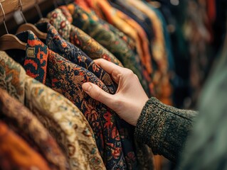 Artisanal Display: Hands Arranging Vintage Clothing with Textures and Patterns