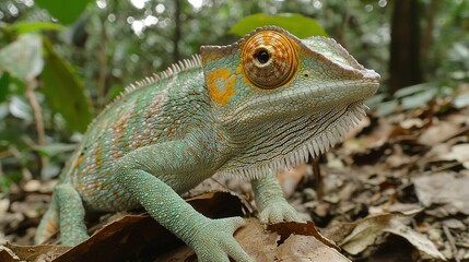   A close-up of a chameleon on a leaf in a dense forest with tall trees in the background