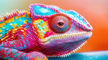 Poster -   A close-up of a colorful chameleon's head with a blue, yellow, and pink background