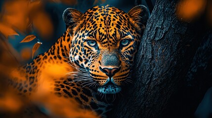 Poster -   A leopard perched on a tree, its head resting on a branch, against a blurred backdrop