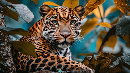 Poster -   A leopard lying on a tree branch, surrounded by leaves and the blue sky beyond