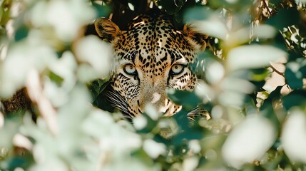 Poster -   A zoomed-in photo of a leopard appearing from behind a forest full of vibrant green foliage