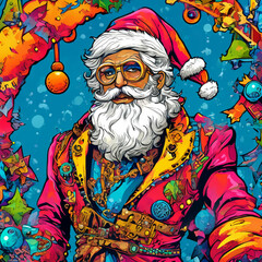 Wall Mural - Steampunk Santa, New Year and Christmas tree. A psychedelic and vibrant comic-style poster