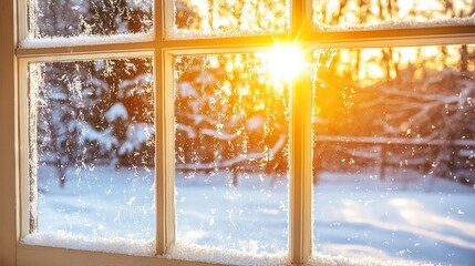 Poster -   The sun brightly illuminates a window in a snowy landscape, casting light onto the snow-covered ground and surrounding trees