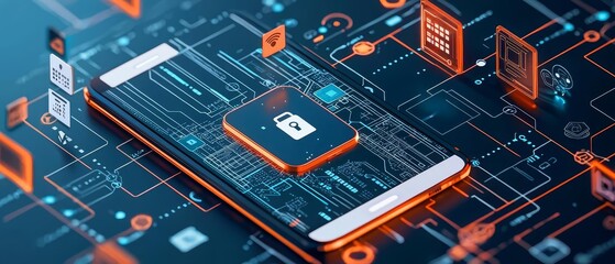 A closeup of a mobile device showing a secure twofactor authentication prompt, with detailed data encryption and access management icons integrated into the design