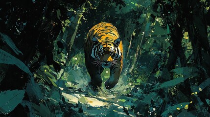 Wall Mural -   A tiger strolling amidst lush greenery & towering trees in a forest painting