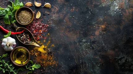 Cooking food ingredients background. Spices, garlic, herbs, olive oil. rusty black stone table. Copy space above 