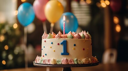 Wall Mural - Birthday cake with one candle celebrating a first birthday party