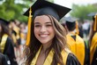 © Ace64 Studio - A photograph of an attractive female student wearing her graduation gown and cap, smiling at the camera while standing in front of other students during their graduation ceremony.