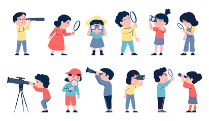 Wall Mural - Children with binoculars. Kids explore world and nature with magnifying glass and telescope. Curiosity and searching, looking around recent vector characters