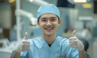 Wall Mural - Asian doctor or nurse wearing a medical uniform, holding both thumbs up, happy smile.