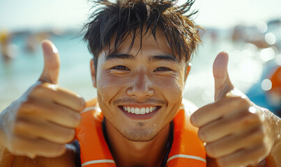 Asian lifesaver at the sunny beach holding both thumbs up, happy smile.