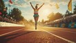 © klss777 - A runner crosses the finish line, arms raised in joy, surrounded by cheering fans and a golden sunset.